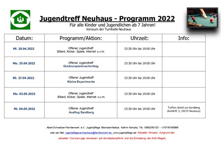 Programmplan Jugendtreff Neuhaus
